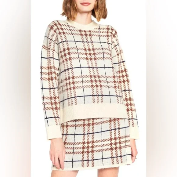 EN SAISON Bronte Sweater Miniskirt Cream & Tan Plaid Knit | Size Medium M - Picture 4 of 16